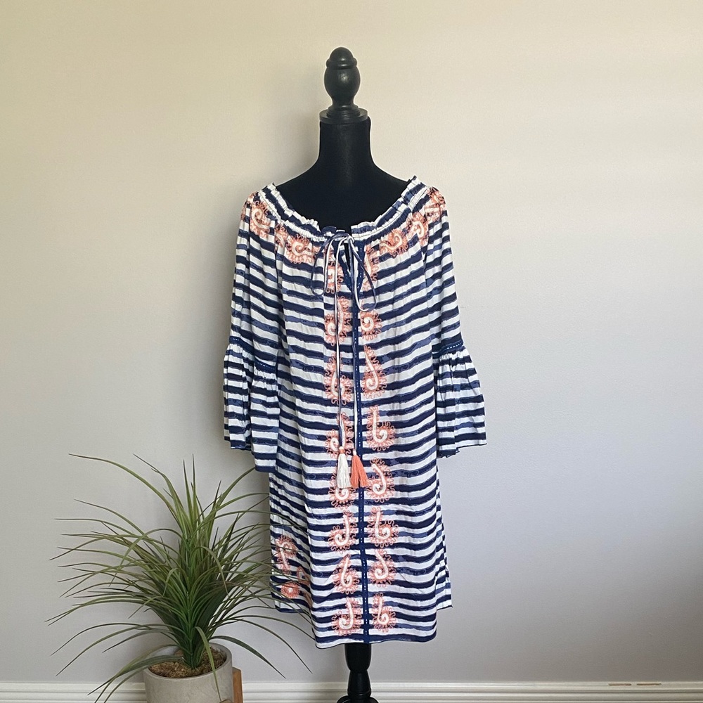 Boho loose White and Blue short dress